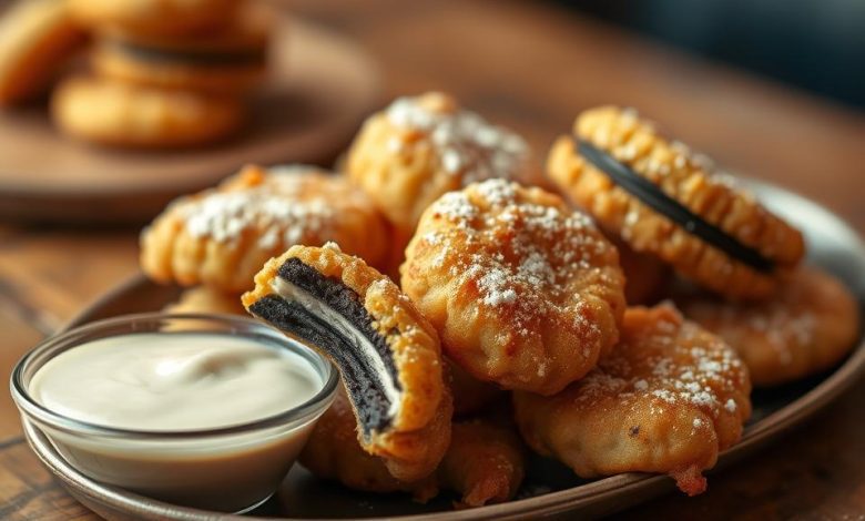 Easy Deep Fried Oreos Recipe: Irresistible Fried Oreos Delight 11 Golden-battered Oreos served with a creamy dip, perfect for sharing on any occasion.