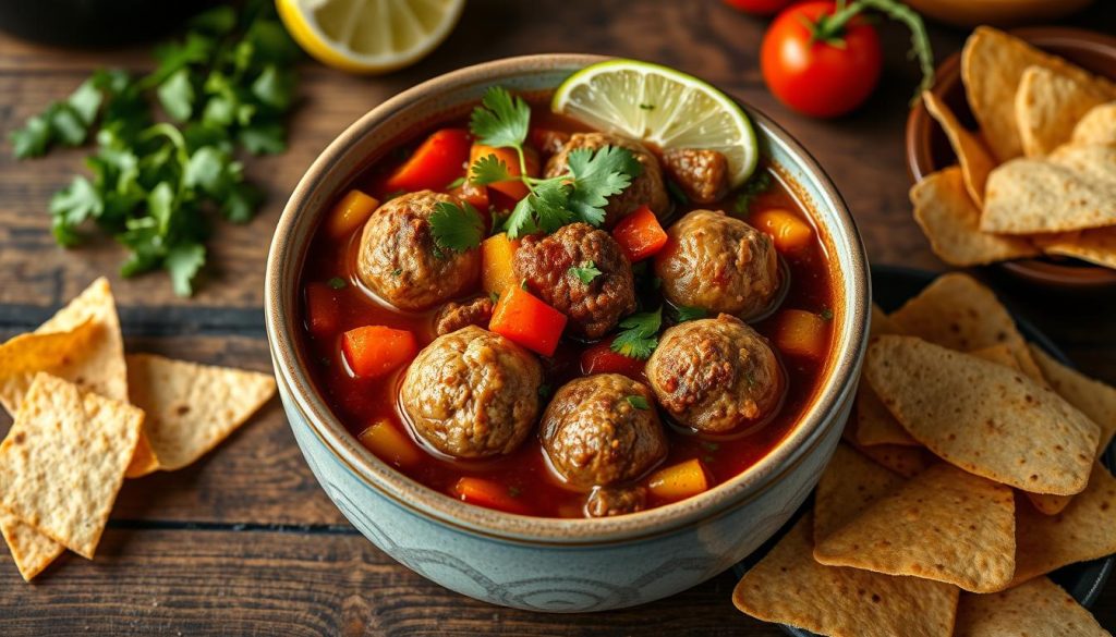 The Best Albondigas Soup Recipe (Mexican Meatball Soup) 11 Top-down view of an albondigas soup recipe featuring colorful peppers, fresh tomatoes, and fragrant herbs surrounding each comforting broth.