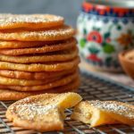 Mexican bunuelos recipe showing crispy buñuelos on a cooling rack with powdered sugar