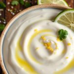 A bowl of creamy Mexican crema garnished with lime zest, a cilantro leaf, and a drizzle of olive oil, ideal for adding to tacos or enchiladas.