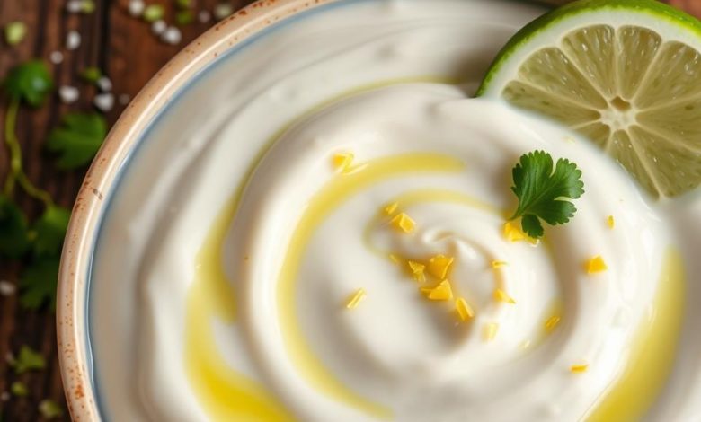 Mexican Crema Recipe: A Homemade Condiment for the Perfect Lime Crema Drizzle 11 A bowl of creamy Mexican crema garnished with lime zest, a cilantro leaf, and a drizzle of olive oil, ideal for adding to tacos or enchiladas.
