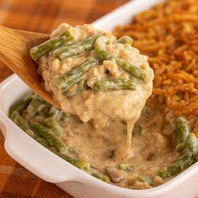 Close-up of a baked green bean casserole in a white dish, topped with golden-brown fried onions on a plaid tablecloth.