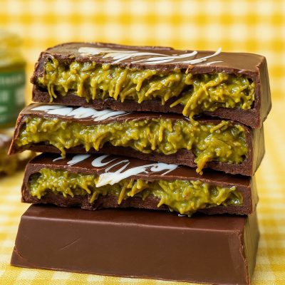 Close-up of sliced Dubai chocolate bar showing creamy pistachio filling inside.