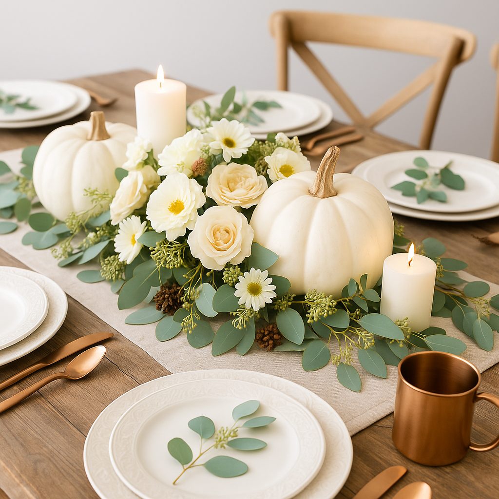 DIY Thanksgiving Table Centerpiece Ideas 11 Elegant Thanksgiving centerpiece with white pumpkins cream florals and eucalyptus on a white table DIY Thanksgiving Table Centerpiece Ideas