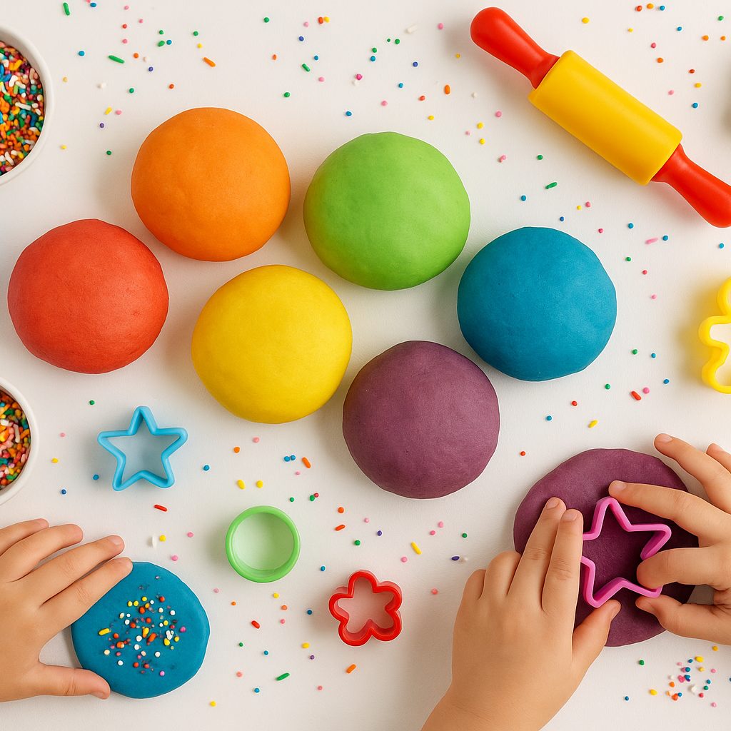 Homemade Edible Play Dough Recipe - Safe Dough for Kids! 11 Rainbow edible play dough balls with sprinkles and cookie cutters on a white tabl
