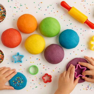 Rainbow edible play dough balls with sprinkles and cookie cutters on a white tabl