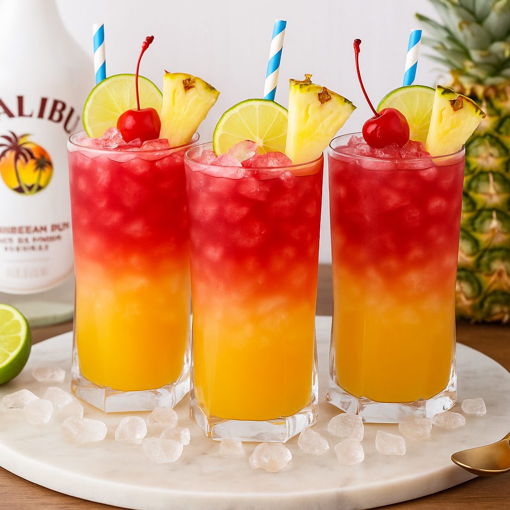Malibu Bay Breeze Cocktail Recipe: Make the Perfect Tropical Drink 11 Tropical Malibu Bay Breeze cocktail in a highball glass with crushed ice, garnished with a maraschino cherry, lime slice, pineapple wedge, and a blue-striped straw on a marble board with a Malibu rum bottle and fresh pineapple in the background