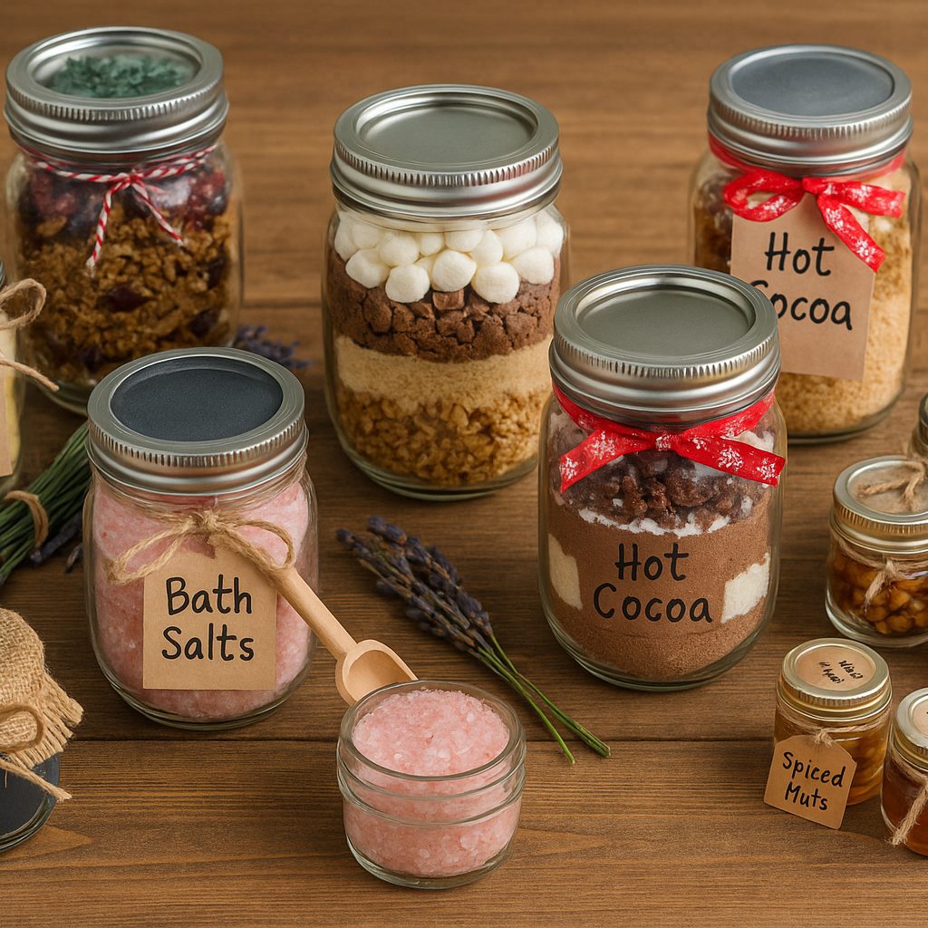 Homemade Mason Jar Gift Ideas: Simple Jar Life 11 Rustic wooden table with nine homemade mason jar gifts, including bath salts, granola, hot cocoa mix, and tea, decorated with twine, handwritten labels, cinnamon sticks, and lavender sprigs.