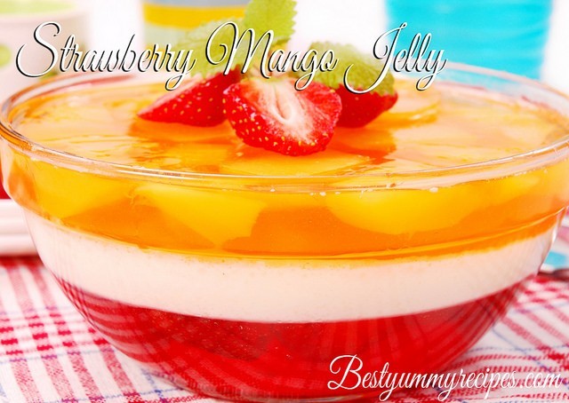 mango and strawberry jelly with cream in round bowl