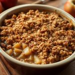 Warm and comforting homemade apple crisp topped with a buttery oat crumble, served fresh from the oven and garnished with a scoop of vanilla ice cream, perfect for a cozy dessert.