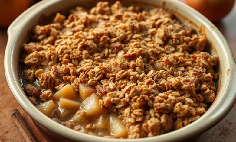 Warm and comforting homemade apple crisp topped with a buttery oat crumble, served fresh from the oven and garnished with a scoop of vanilla ice cream, perfect for a cozy dessert.