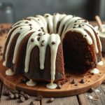 Perfectly moist chocolate chocolate chip bundt cake topped with a rich drizzle of chocolate ganache, served on a white plate for a decadent homemade dessert.