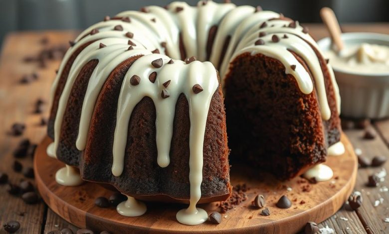 Perfectly moist chocolate chocolate chip bundt cake topped with a rich drizzle of chocolate ganache, served on a white plate for a decadent homemade dessert.