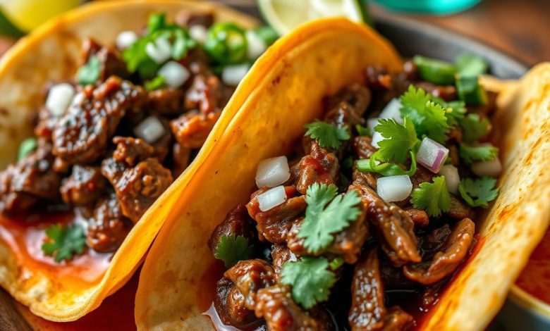 Crispy birria tacos served with chipotle stock, garnished with fresh lime, onions, and cilantro, perfect for an authentic Mexican food experience like taco soup recipe