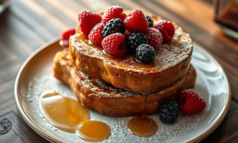 French toast with cinnamon and syrup on a white plate