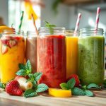 smoothie recipes An assortment of colorful smoothies in clear glasses, featuring tropical fruits, green vegetables, and vibrant ingredients, perfect for healthy and refreshing recipes