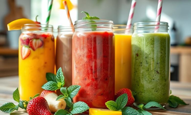 smoothie recipes An assortment of colorful smoothies in clear glasses, featuring tropical fruits, green vegetables, and vibrant ingredients, perfect for healthy and refreshing recipes