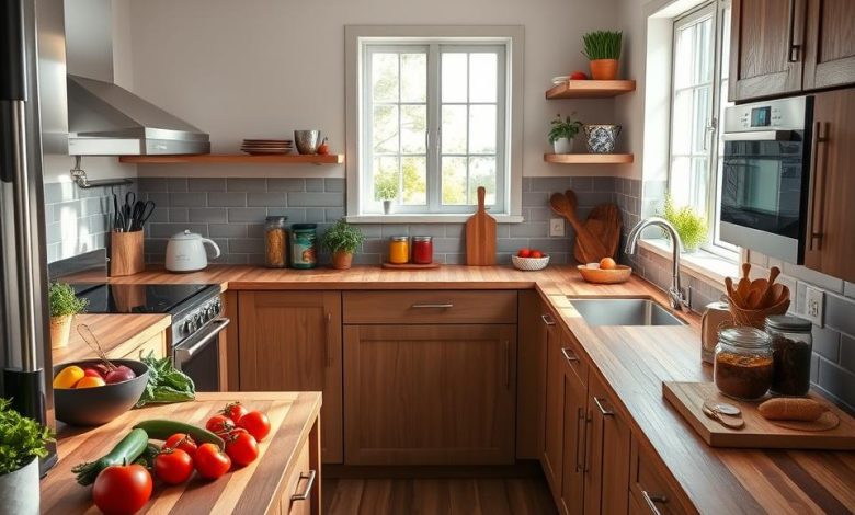 Modern kitchen featuring butcher block countertops, wooden cabinets, and natural light, showcasing a clean and functional cooking space.