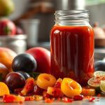 Jar of vibrant homemade chamoy sauce surrounded by fresh fruits like plums, mangoes, and limes, perfect for adding a sweet, tangy, and spicy touch to your favorite snacks and recipes. A quintessential Mexican condiment made with dried fruits and chili for authentic flavor