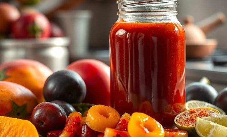 Jar of vibrant homemade chamoy sauce surrounded by fresh fruits like plums, mangoes, and limes, perfect for adding a sweet, tangy, and spicy touch to your favorite snacks and recipes. A quintessential Mexican condiment made with dried fruits and chili for authentic flavor