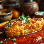 Cheesy stuffed chile relleno served with a vibrant tomato sauce, garnished with fresh cilantro and queso fresco in a rustic Mexican setting.