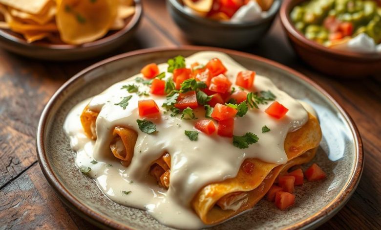 cream cheese chicken enchiladas Enchiladas covered in creamy sauce with diced tomatoes and cilantro