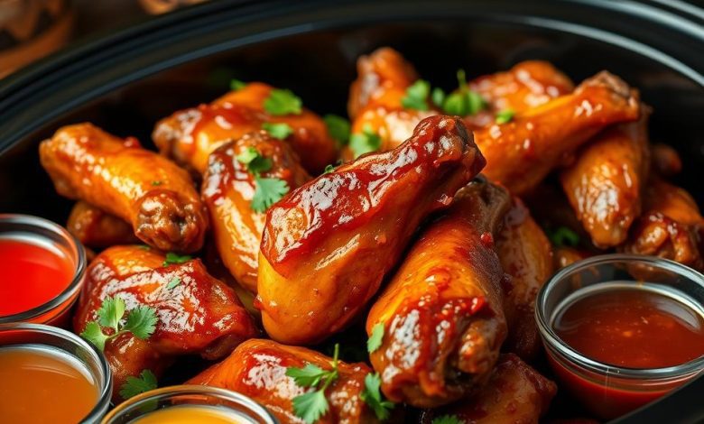 crockpot chicken wings 3 ways video Slow cooker chicken wings glazed with barbecue sauce and garnished with fresh herbs, served with dipping sauces.