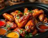 crockpot chicken wings 3 ways video Slow cooker chicken wings glazed with barbecue sauce and garnished with fresh herbs, served with dipping sauces.