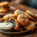 Golden-battered Oreos served with a creamy dip, perfect for sharing on any occasion.