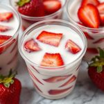 Cups of strawberries in cream arranged on a marble surface, with whole strawberries as garnish.