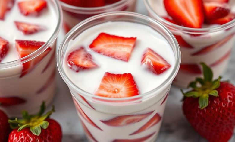 Cups of strawberries in cream arranged on a marble surface, with whole strawberries as garnish.