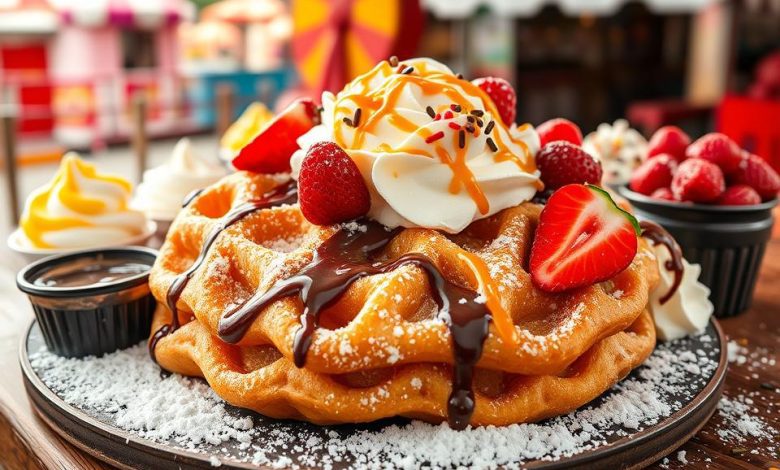 Delicious funnel cake topped with whipped cream, fresh strawberries, chocolate syrup, caramel drizzle, and powdered sugar, served in a vibrant fair setting with colorful tents in the background. Perfect dessert for sweet lovers and carnival food enthusiasts