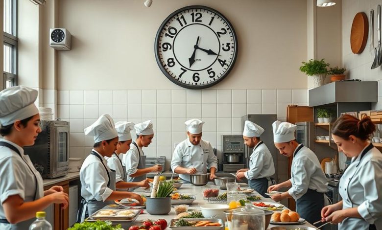 Culinary students participating in a hands-on cooking class, learning advanced techniques and teamwork in a professional culinary school setting.