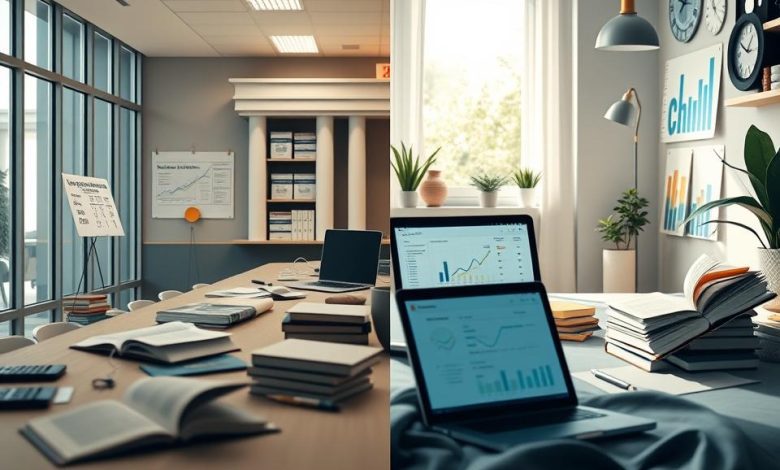 Modern workspace setup with laptops, books, and financial charts for data analysis and research. Ideal for concepts like student loan refinancing, productivity, and financial planning