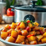 A hearty plate of Sweet Hawaiian Crockpot Chicken with tender chicken pieces, juicy pineapple chunks, and vibrant bell peppers, garnished with parsley. A slow cooker favorite with a backdrop of fresh ingredients and a crockpot