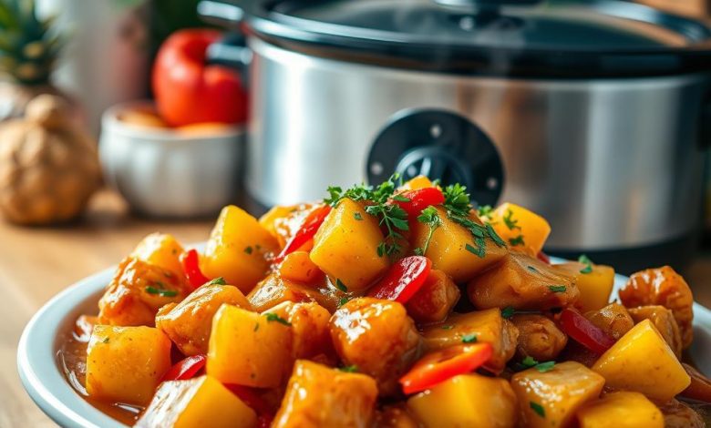 A hearty plate of Sweet Hawaiian Crockpot Chicken with tender chicken pieces, juicy pineapple chunks, and vibrant bell peppers, garnished with parsley. A slow cooker favorite with a backdrop of fresh ingredients and a crockpot