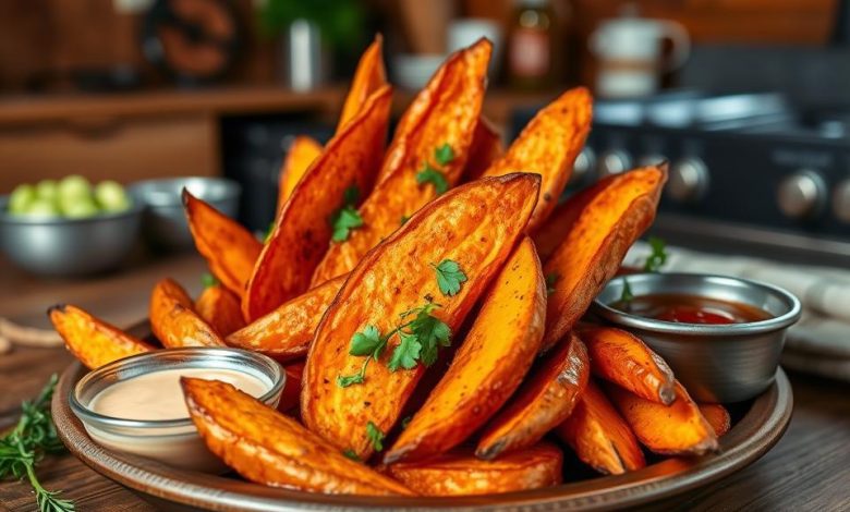 Golden crispy sweet potato wedges served with dipping sauces, a flavorful and healthy snack or side dish.