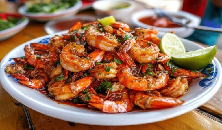 A plate of Camarones a la Diabla served with lime wedges and garnished with cilantro, offering a vibrant and authentic Mexican shrimp dish.