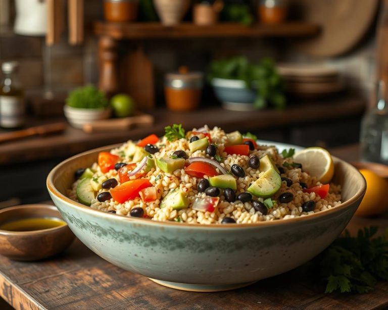 A close-up shot of a hominy salad in a wide ceramic bowl, featuring black beans, tomatoes, cucumbers, and onions. The kitchen background and warm lighting emphasize a comforting, homemade meal filled with bright, nourishing vegetables.
