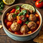 Top-down view of an albondigas soup recipe featuring colorful peppers, fresh tomatoes, and fragrant herbs surrounding each comforting broth.