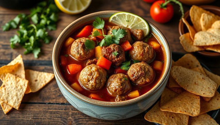 Top-down view of an albondigas soup recipe featuring colorful peppers, fresh tomatoes, and fragrant herbs surrounding each comforting broth.