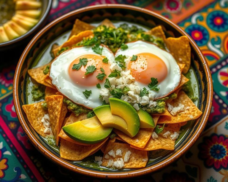 Celebrating Chilaquiles A colorful bowl of green chilaquiles topped with two sunny-side-up fried eggs, sliced avocado, crumbled queso fresco, and fresh cilantro, served on a traditional Mexican patterned tablecloth