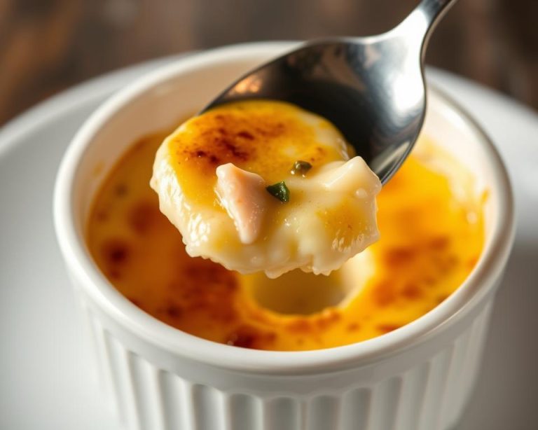 A creamy spoonful of Crab Brûlée Recipe served in a white ramekin with caramelized topping and fresh crab meat pieces.