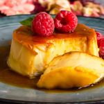 A silky slice of flan topped with fresh raspberries and caramel sauce, revealing its soft, custardy center make with condensed milk