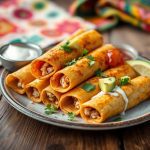 Crispy chicken flautas on a plate, topped with fresh avocado slices, cilantro, sour cream, and salsa.