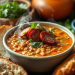 Close-up of a steaming bowl of Mexican lentil soup (lentejas) topped with chorizo slices and fresh cilantro, served with crusty bread on a rustic table setting.