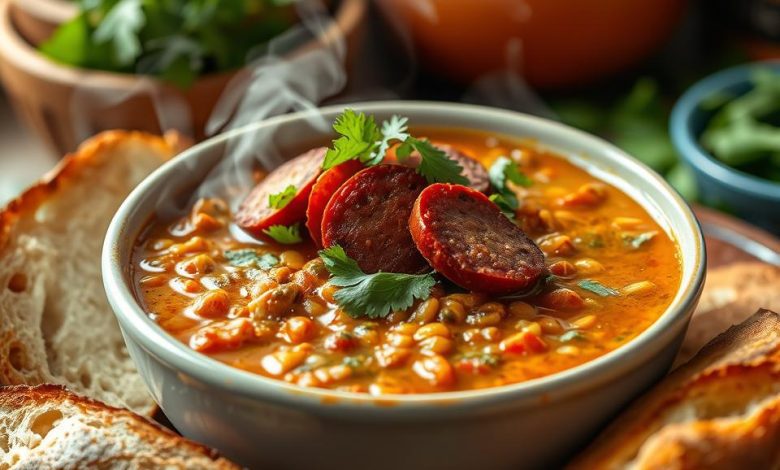 Close-up of a steaming bowl of Mexican lentil soup (lentejas) topped with chorizo slices and fresh cilantro, served with crusty bread on a rustic table setting.