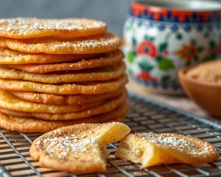 Mexican bunuelos recipe showing crispy buñuelos on a cooling rack with powdered sugar