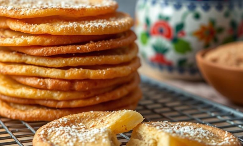Mexican bunuelos recipe showing crispy buñuelos on a cooling rack with powdered sugar