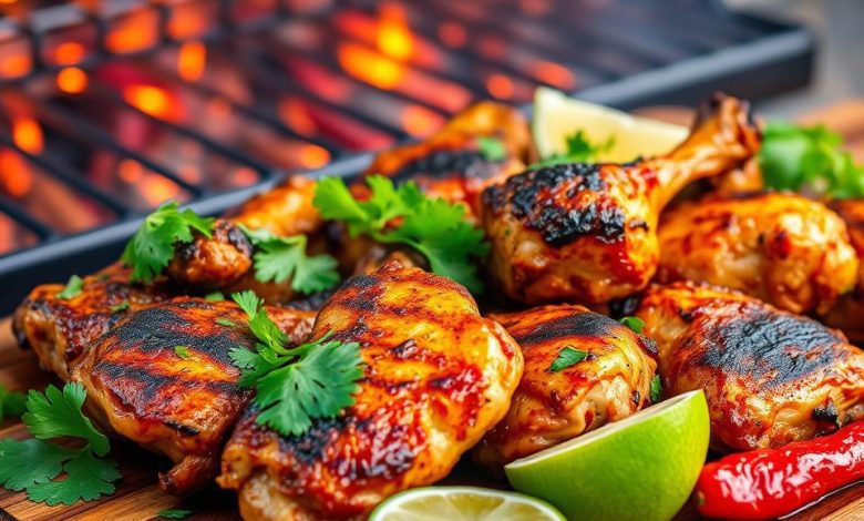 Grilled or Baked Pollo Asado Recipe: Try My Secret Marinade! 11 Grilled Pollo Asado with a golden, charred crust, garnished with fresh cilantro and lime wedges, sizzling on a wooden board near an open grill.